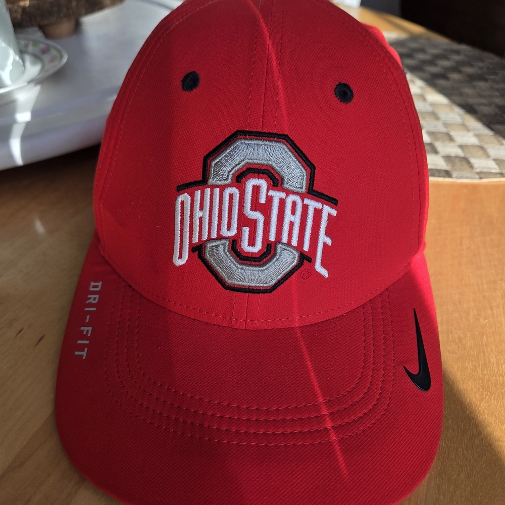 Nike Red Ohio State Embroidered Hat with Black Swoosh Buckeye Leaf Logo On Back